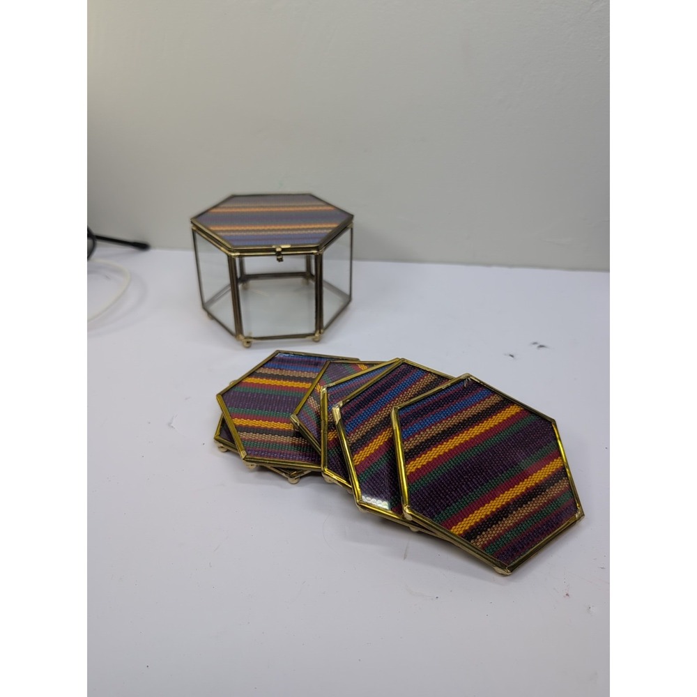 Elegant Glass Coasters In Glass & Brass Case Multicolor Patchwork Set Of 6
